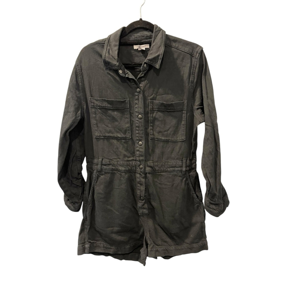 Good American Romper Black Denim Long Sleeve Size 2 Shorts Casual Pockets Snaps - Picture 1 of 7